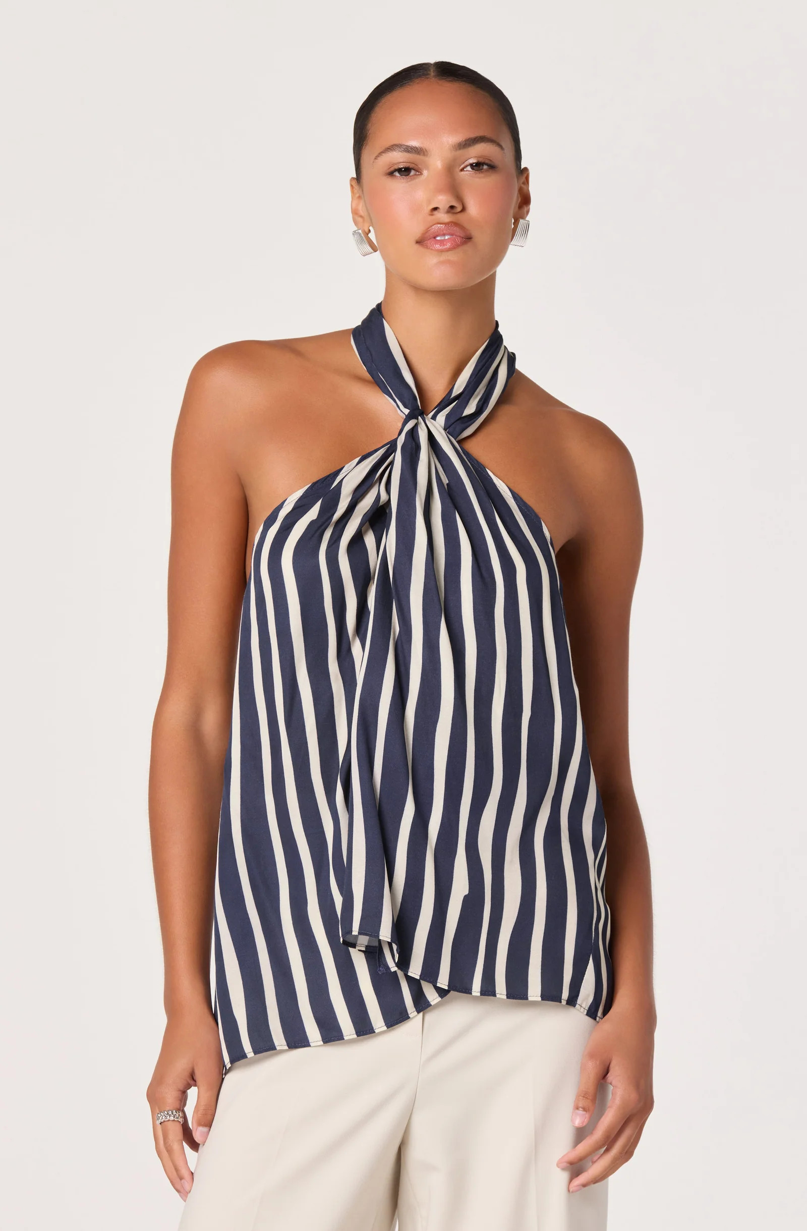 Cira Twist-Front Halter Top - Navy stripe / XS | ASTR The Label (US)