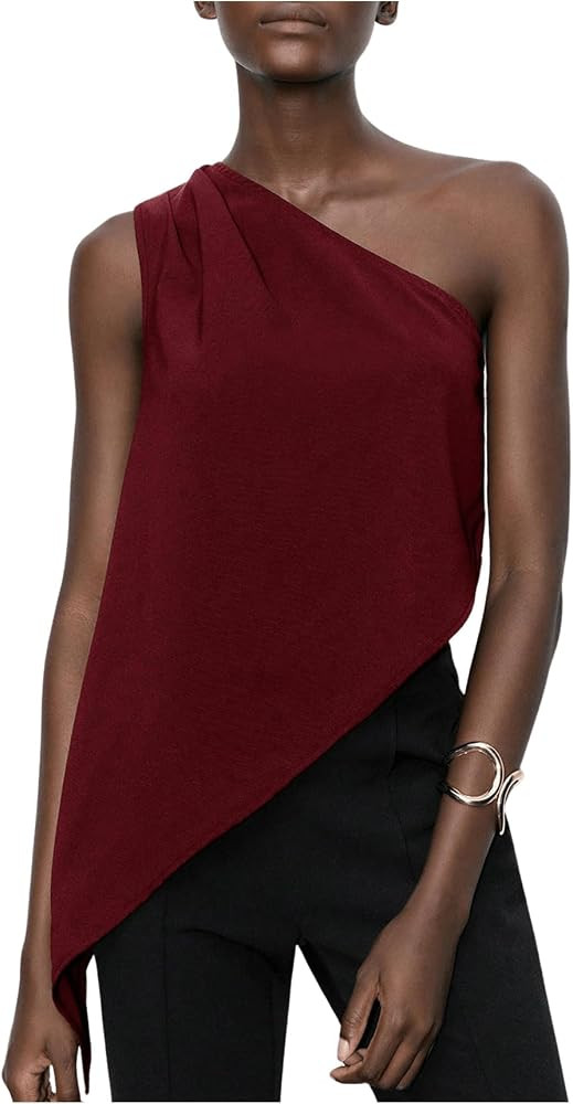 Milumia Women's Ruched One Shoulder Sleeveless Asymmetrical Hem Top Blouse Shirts | Amazon (US)