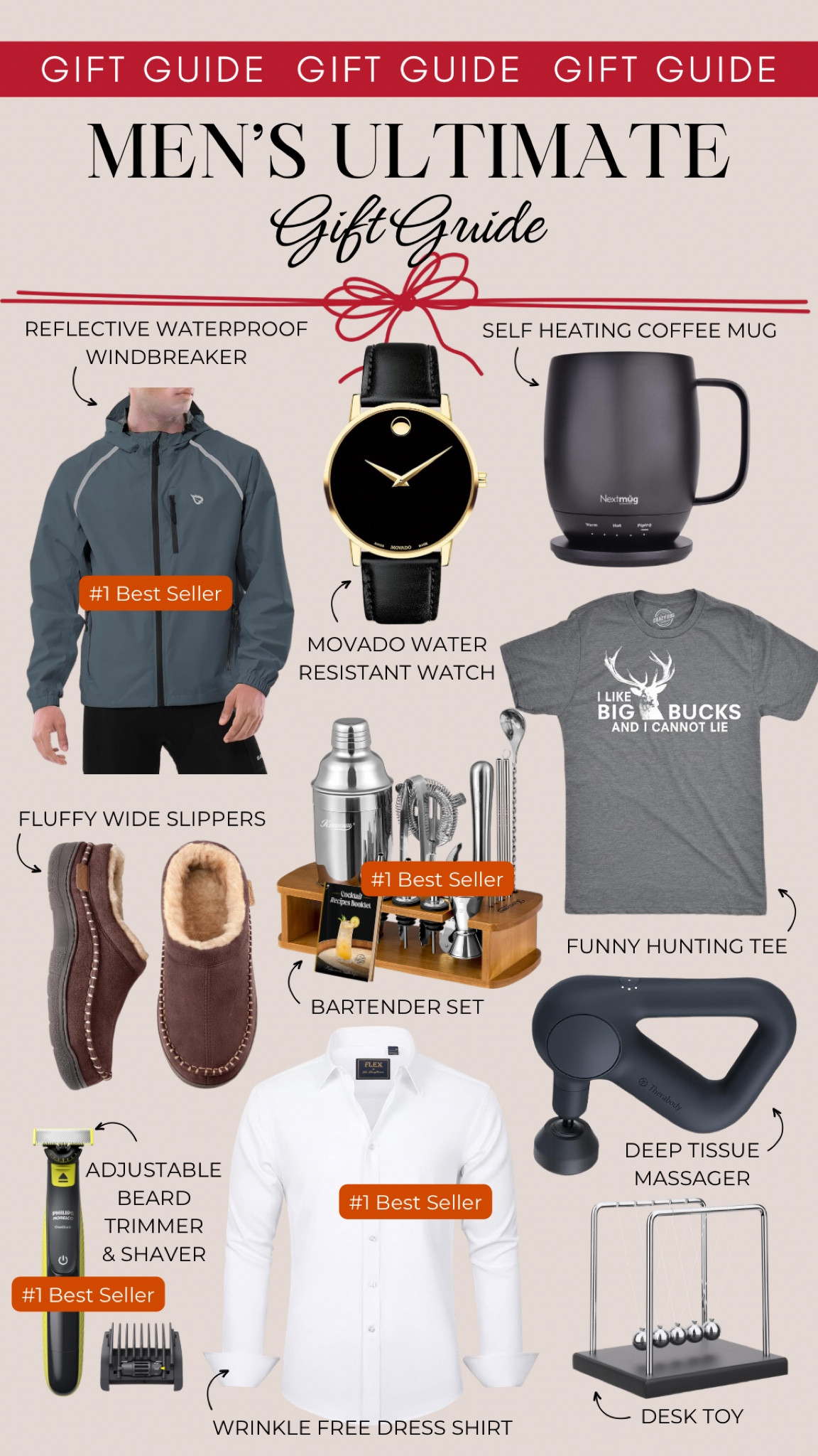 Men’s ultimate gift guide includes a reflective waterproof windbreaker, Movado water resistant watch, self heating coffee mug, fluffy wide slippers, a bartender set, a funny hunting tee, adjustable beard trimmer, wrinkle free dress shirt, deep tissue massager, and a desk toy.

Gift for him, gifts for dad, gifts under 100, gifts under 50

#LTKGiftGuide #LTKMens #LTKHoliday