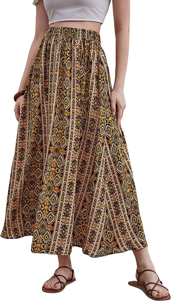 Floerns Women's Boho Elastic Waist Scarf Print Pleated Midi Skirt | Amazon (US)
