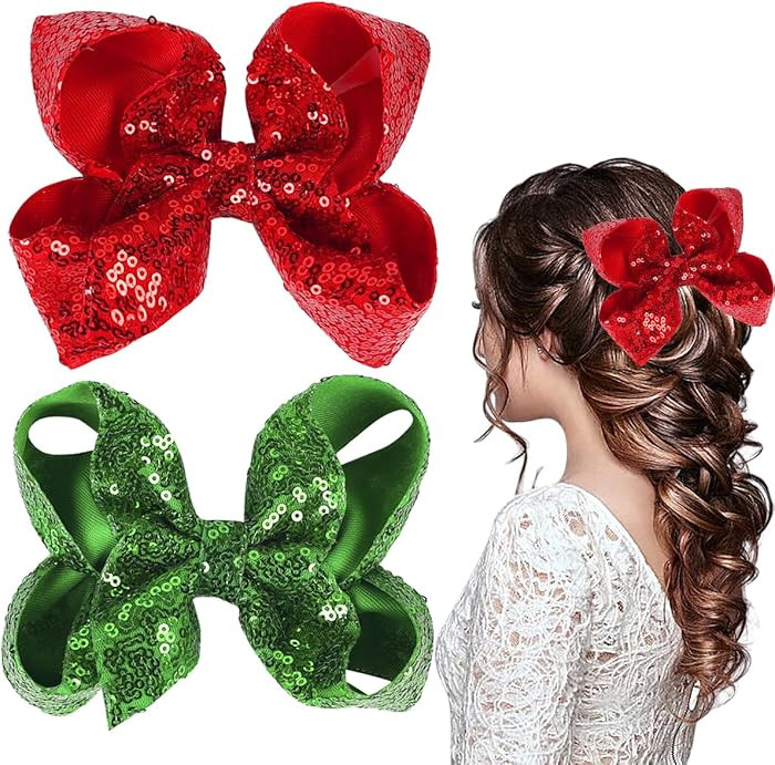 Red Green Hair Bows Clips Christmas 5 Inches Glitter Sequins Hair Bows Clips Ribbon Hairpin Cheer... | Amazon (US)