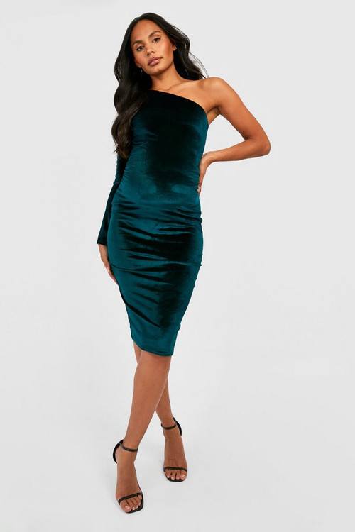 Maternity Velvet Asymmetric Midi Dress | Boohoo.com (US & CA)
