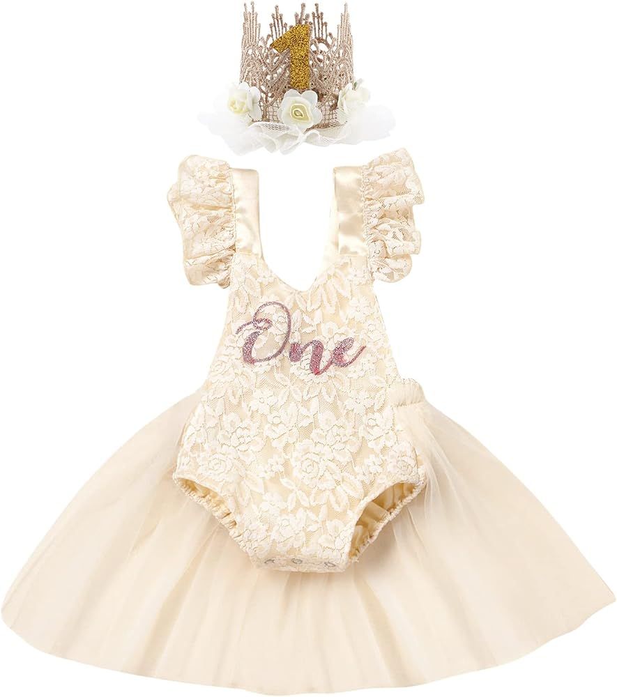 Baby Girl 1st Birthday Outfit Boho One Ruffle Lace Romper Princess Tutu Backless Dress Photoshoot... | Amazon (US)