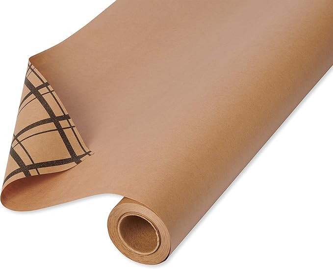 American Greetings Reversible Brown Wrapping Paper for All Occasions, Kraft Paper and Plaid (1 Ju... | Amazon (US)