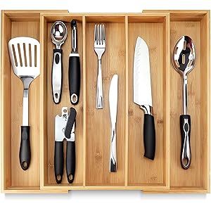 PRISTINE BAMBOO Adjustable Kitchen Utensil Drawer Organizer - Expandable Utensil Organizer - Deep... | Amazon (US)