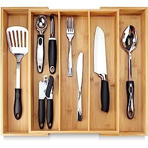 PRISTINE BAMBOO Adjustable Kitchen Utensil Drawer Organizer - Expandable Utensil Organizer - Deep... | Amazon (US)