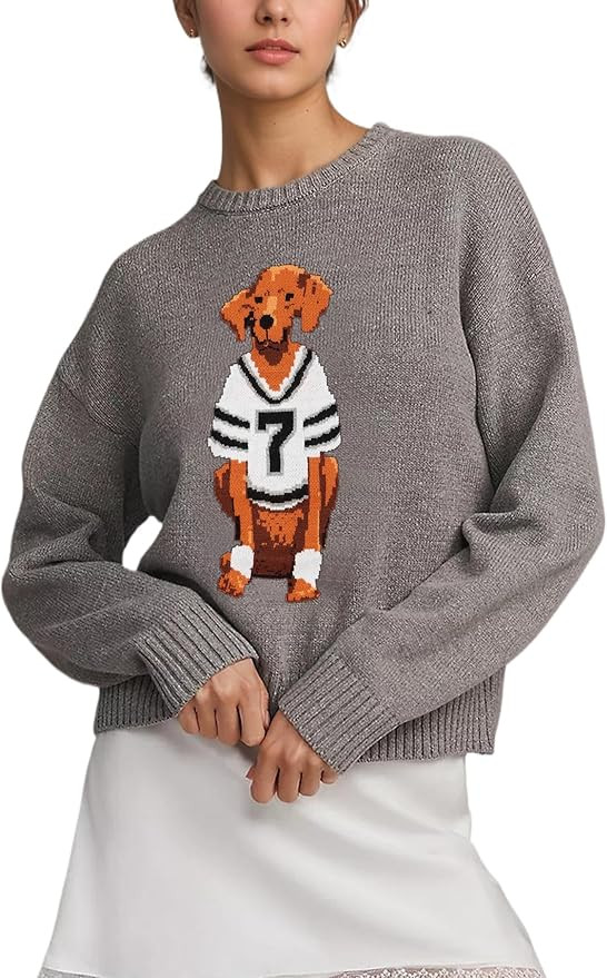 Dog Print Sweater for Women Cute Graphic Crew Neck Long Sleeve Loose Knit Pullover Top Trendy Fal... | Amazon (US)