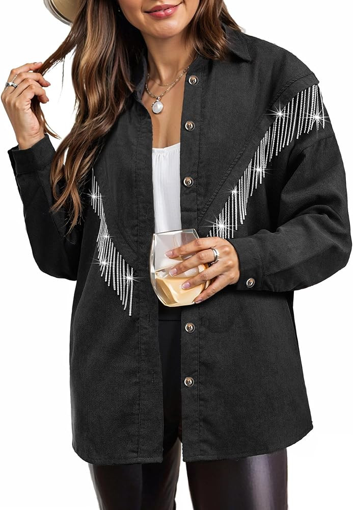 Nlife Womens Nashville Sparkly Rhinestone Fringe Buttons Shacket Concert Outfits Long Sleeves Spa... | Amazon (US)