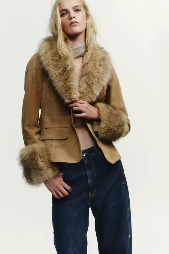 TAILORED 100% SUEDE LEATHER BLAZER WITH FAUX FUR | Zara US