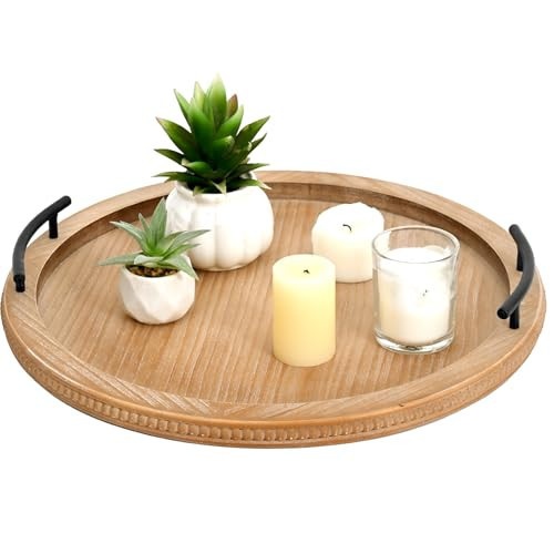 SwallowLiving 18Inch Brown Wooden Beaded Serving Tray with Handle Decorative Rustic Tray for Coffee Table Farmhouse Round Trays for Kitchen, Living Room and Bedroom | Amazon (US)