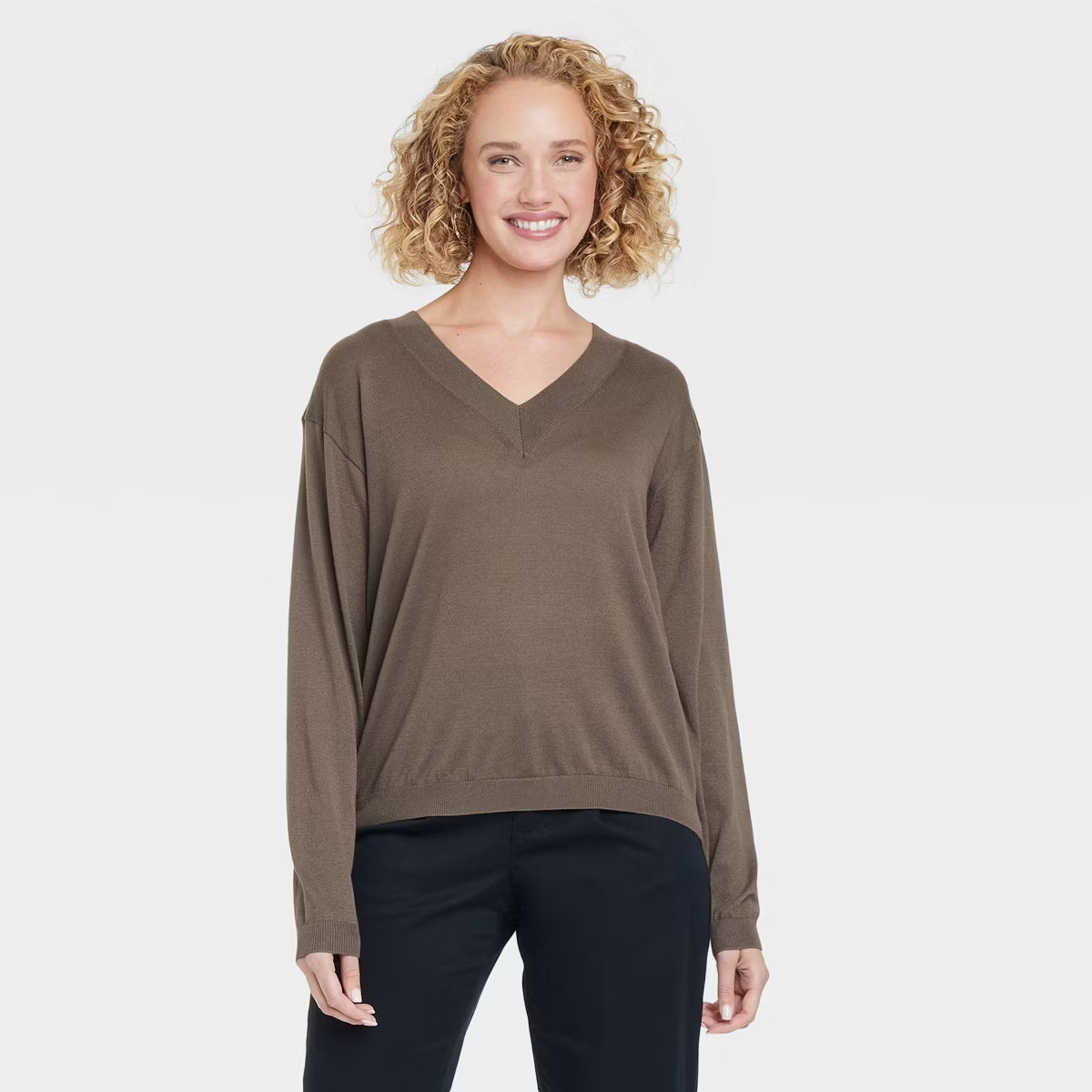 Women's Fine Gauge V-Neck Pullover Sweater - A New Day™ Olive M | Target