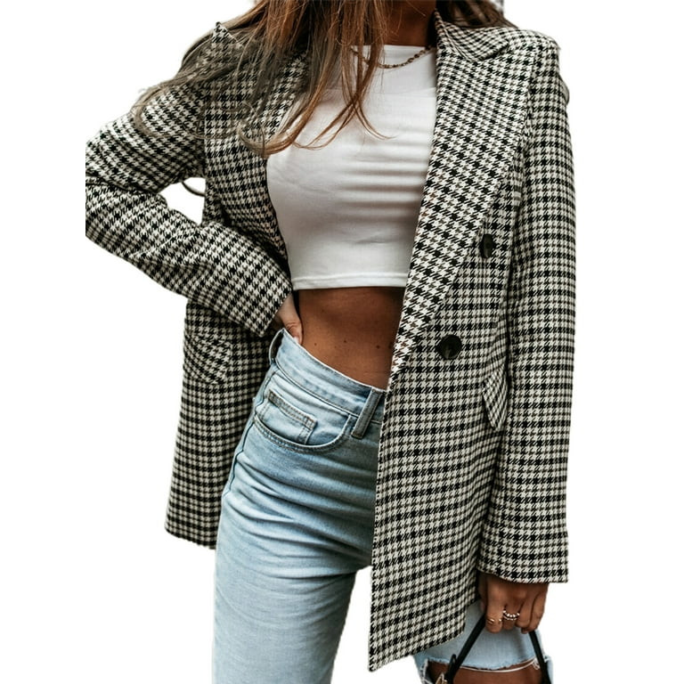 Sunisery Women Plaid Blazers Long Sleeve Double Breasted Blazer Slim Notched Lapel Office Ladies ... | Walmart (US)