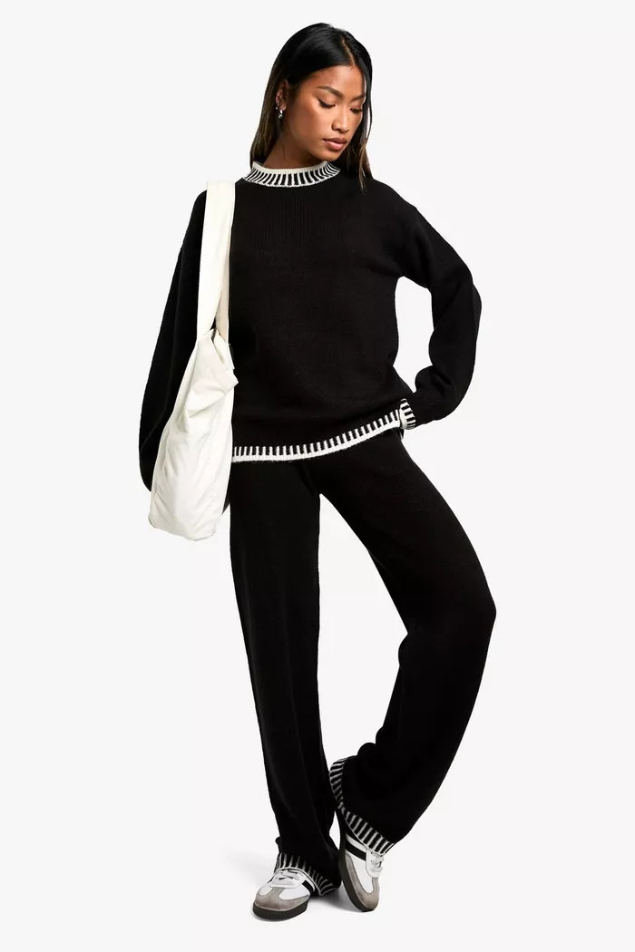 Contrast Trim Jumper And Wide Leg Trouser Knitted Co-ord | boohoo (US & Canada)