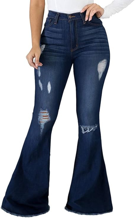 SeNight Women Bell Bottom Jeans Elastic Waist Ripped Flared Jean Destroyed Raw Hem Denim Pants | Amazon (US)