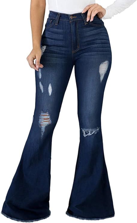 SeNight Women Bell Bottom Jeans Elastic Waist Ripped Flared Jean Destroyed Raw Hem Denim Pants | Amazon (US)