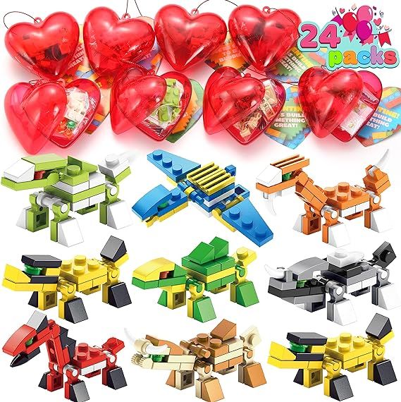 JOYIN 24 Packs Valentines Day Prefilled Hearts with Valentine Cards Filled with Dinosaur Building... | Amazon (US)