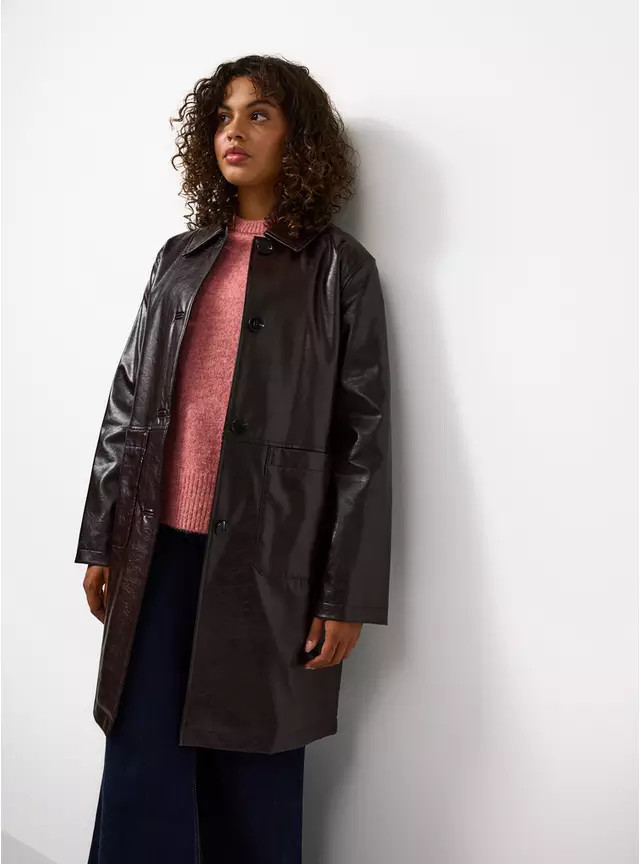 Brown Patent Faux Leather Coat XXL | Tu Clothing