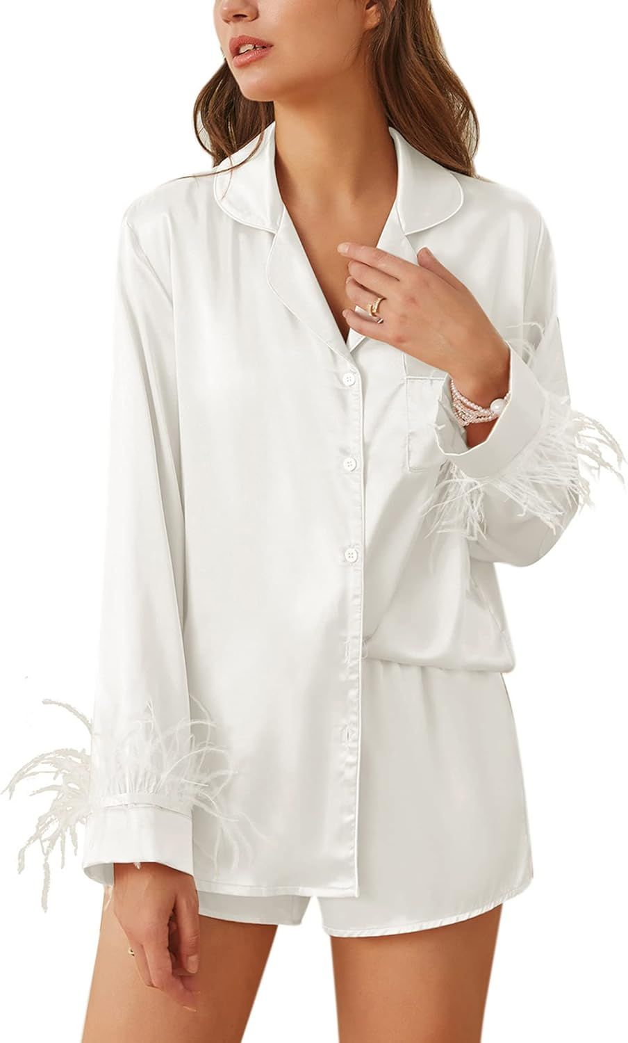 Ekouaer Women's Satin Pajama Silk Pj Sets Feather Trim Comfy Satin Sleepwear Long Sleeve Pjs Wedd... | Amazon (US)