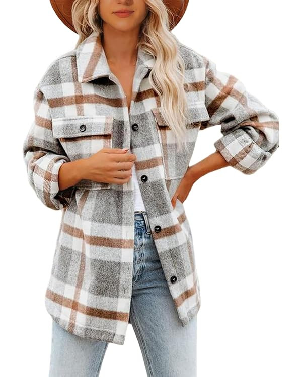 Lviefent Womens Casual Wool Blend Plaid Flannel Shackets Jacket Button Down Shirt Coat | Amazon (US)