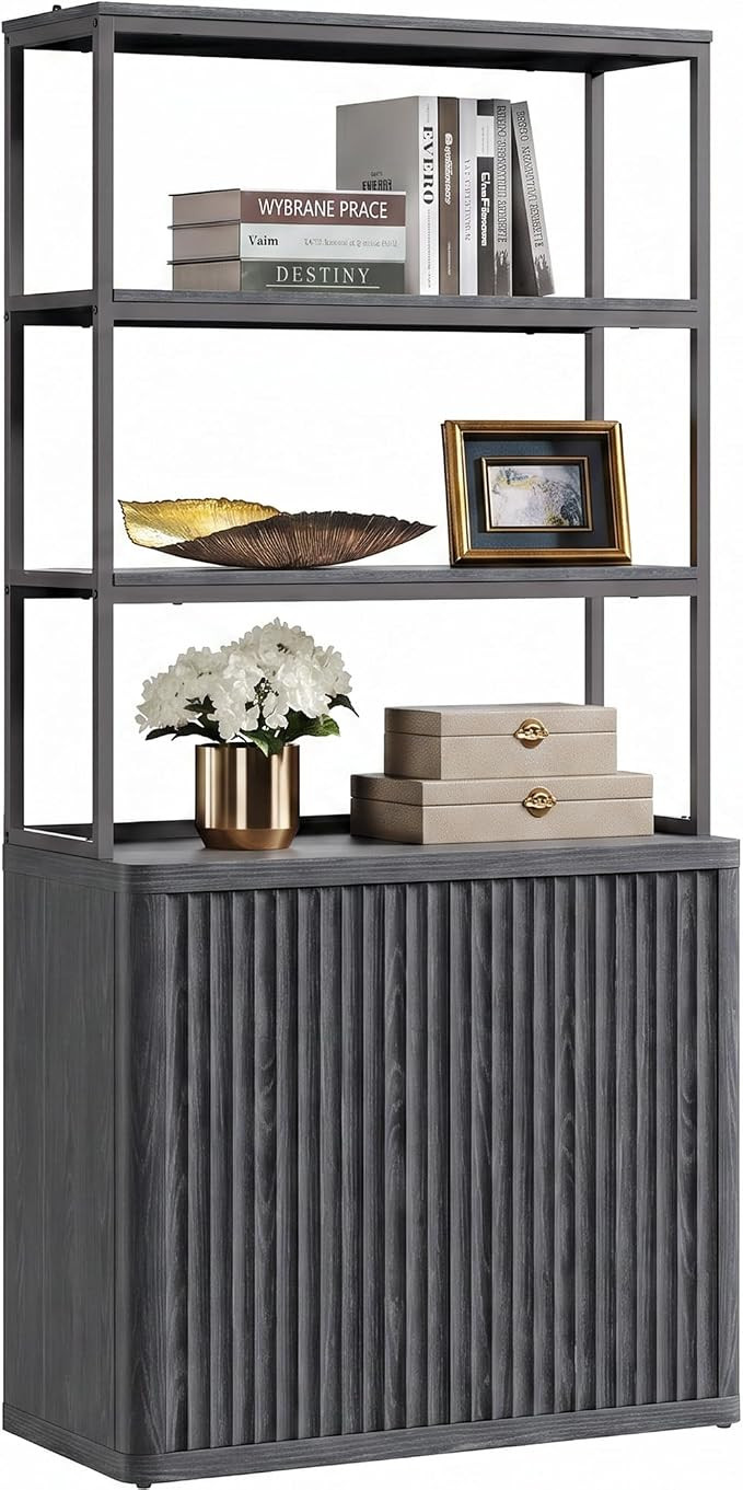 SICOTAS Book Shelf Fluted Bookshelf 71" Tall Bookcase with Doors Storage 5 Tier Mid Century Moder... | Amazon (US)