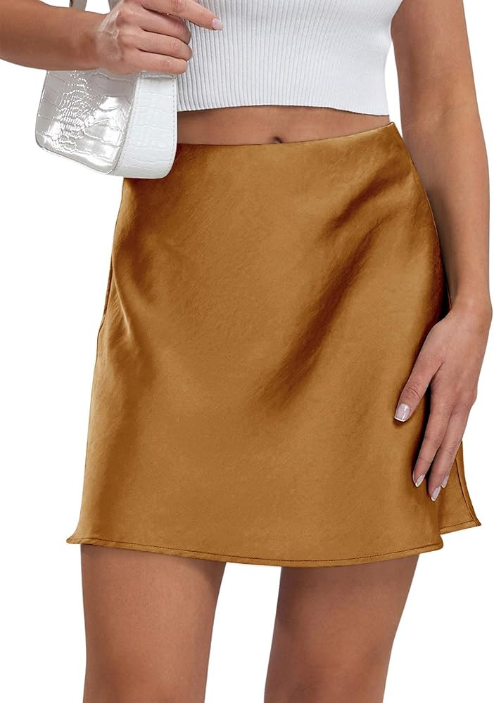 Ezcosplay Women's Satin Mini Skirt Summer High Waisted Elastic Waist A-Line Silk Short Party Skir... | Amazon (US)