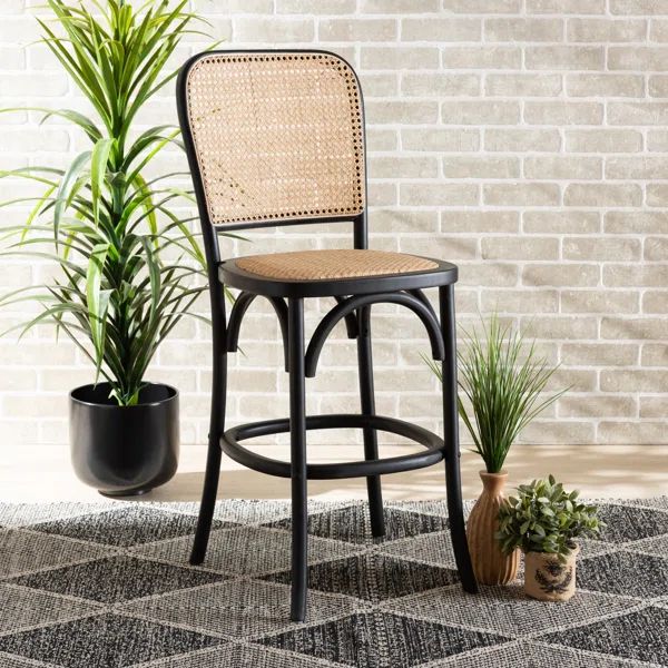 Siems Mid-Century Modern Brown Woven Rattan And Black Wood Cane Counter Stool | Wayfair North America