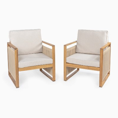 Gable Mid-Century Modern Roped Acacia Wood Outdoor Patio Chair with Cushions, Beige/Light Teak (Set of 2) - JONATHAN Y | Target