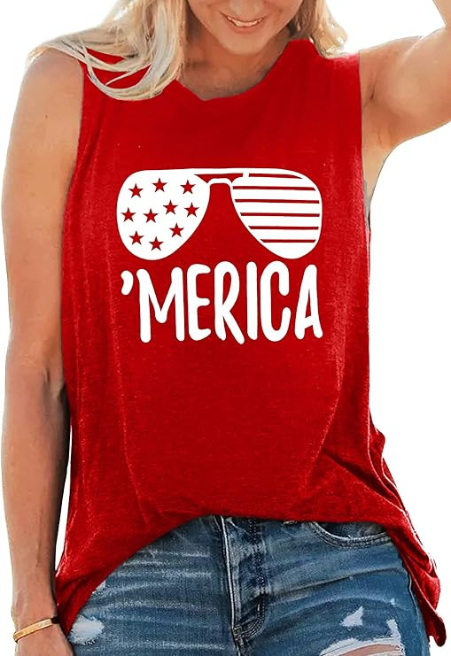 American Flag Tank Tops Women Sunglass Graphic Tees Shirts Casual Sleeveless 4th of July Shirt To... | Amazon (US)