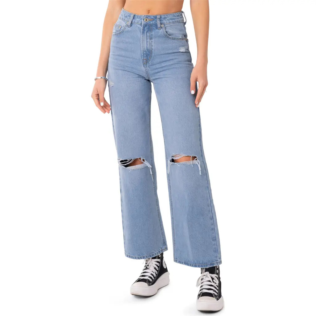 EDIKTED Lori Ripped High Waist Wide Leg Jeans in Blue at Nordstrom, Size Medium | Nordstrom