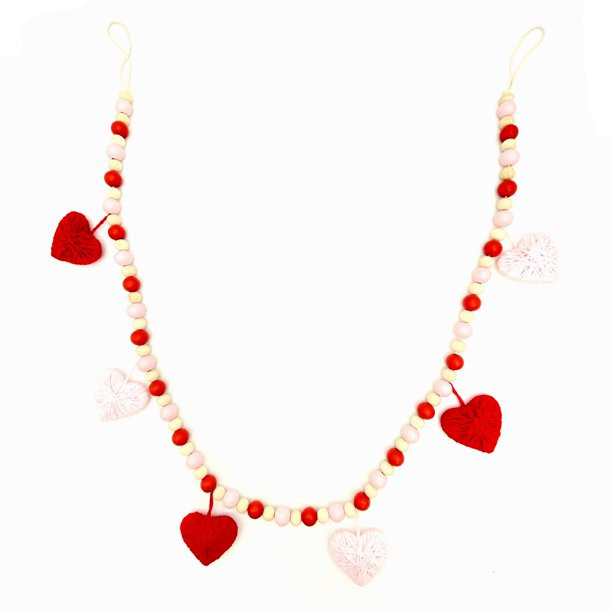 Way to Celebrate Valentines Wood Bead Red/ Pink Yarn Heart Decorative Garland, 72" - Walmart.com | Walmart (US)