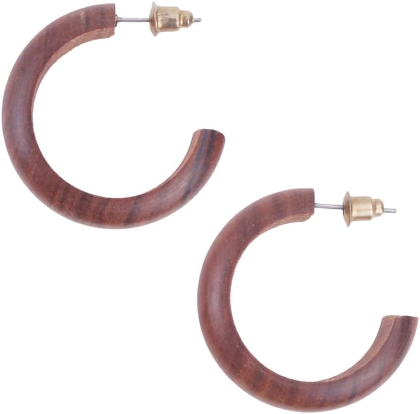 1.2" Natural Woodgrain Wood Hoop Earrings for Women, Lightweight Wooden Stud Earrings, Boho Classic Jewelry Gift | Amazon (US)