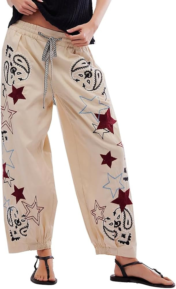 Kedera Mid Rise Barrel Starry Print Jeans for Women Embroidered Wide Leg Denim Pants Boyfriend Ba... | Amazon (US)