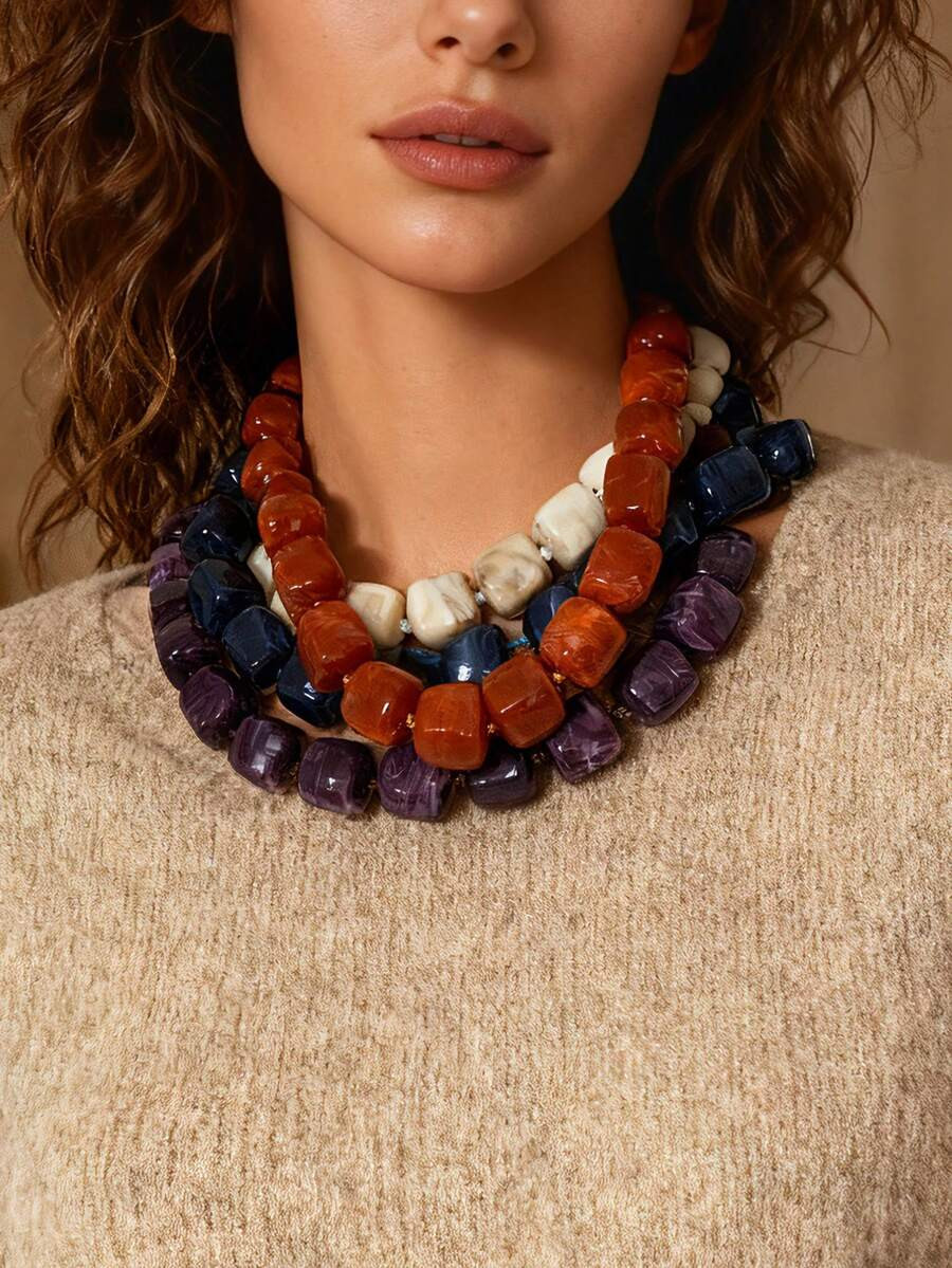 1pc Fashionable Minimalist Geometric Square Acrylic Beaded Necklace For Women, Versatile For Holi... | SHEIN