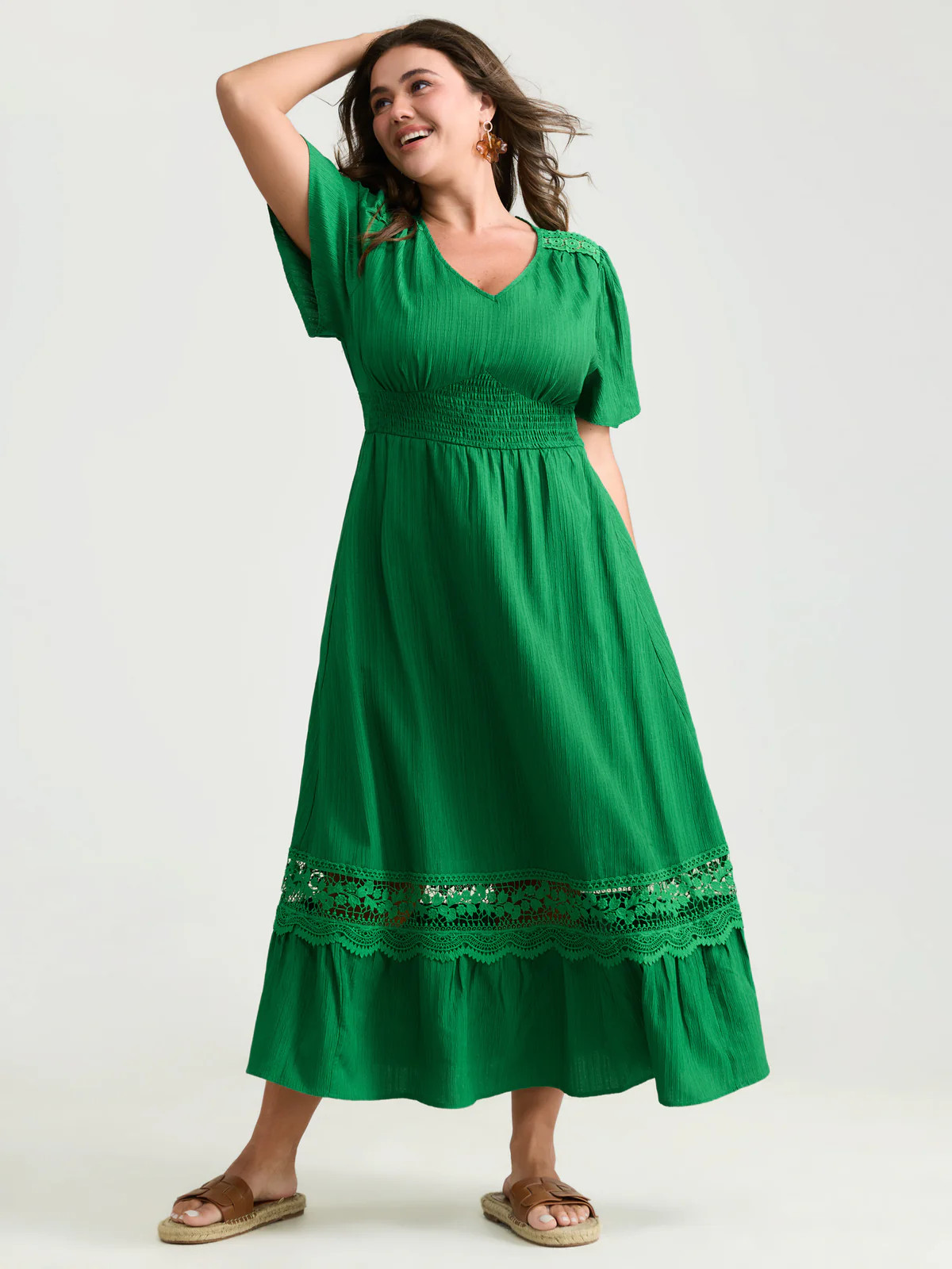 Lace Cut-Out Shirred Solid Maxi Dress | Bloomchic