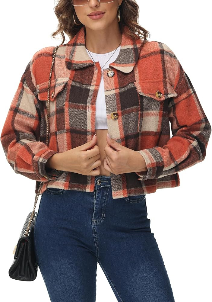 URBEST Women's Oversized Plaid Shacket - Cozy Long Sleeve Button Down Jacket with Pockets, Knee L... | Amazon (US)