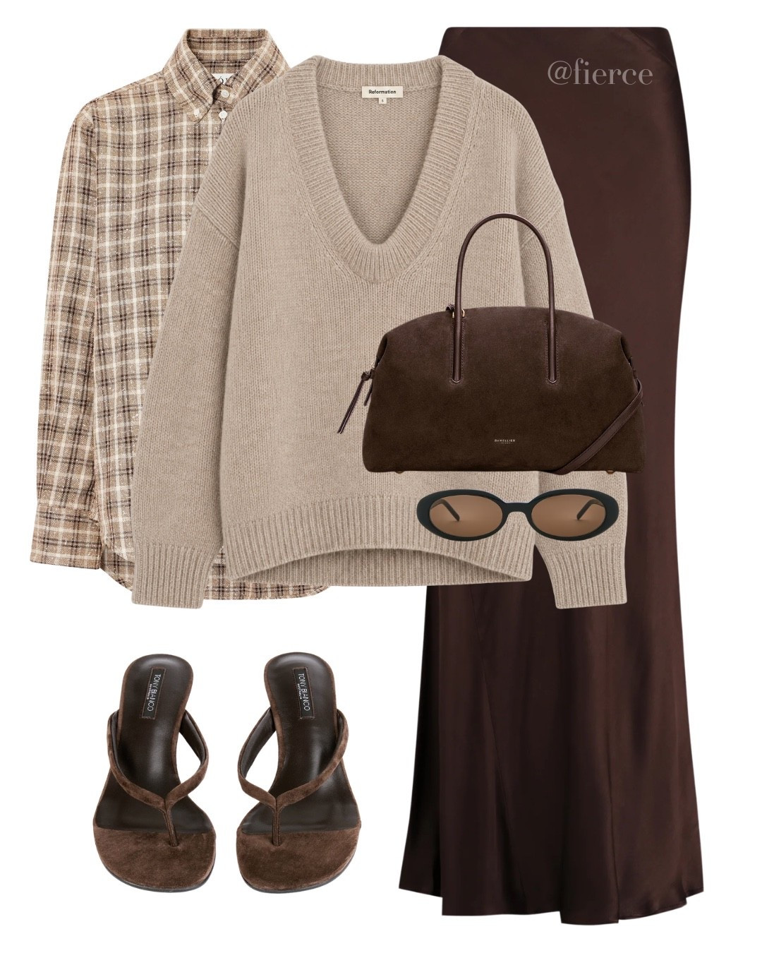 Checked shirt suede thong sandals chocolate brown satin skirt beige v-neck jumper suede doctor bag

#LTKuk #LTKautumn #LTKeurope