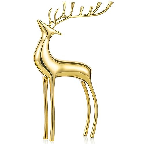 Sziqiqi Reindeer Sculpture for Christmas Table Centerpieces - Gold Brass Deer Antler Statue Decor Metal Elk Figurine Modern Stag Sculpture for Christmas Decorations Indoor Animal Rein Deer Ornaments | Amazon (US)