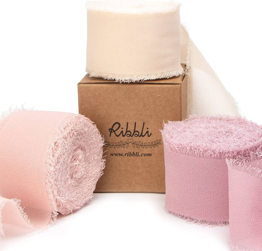 Ribbli Chiffon Silk Ribbon, 1.5 inch x 30 Yard, Champagne/Blush Pink/Dusty Rose Fringe Chiffon Ri... | Amazon (US)