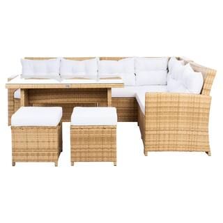 SAFAVIEH Miki Natural 5-Piece Wicker Outdoor Patio Dining Set with White Cushions PAT7708D-4BX | The Home Depot