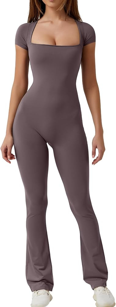 QINSEN Flare Jumpsuits for Women Short Sleeve Square Neck Bodycon Full Length Playsuit | Amazon (US)