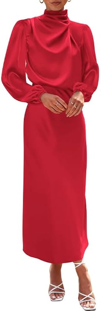 BTFBM Women's Mock Neck Satin Dress Elegant Long Sleeve Elastic High Waist Formal Wedding Cocktai... | Amazon (US)