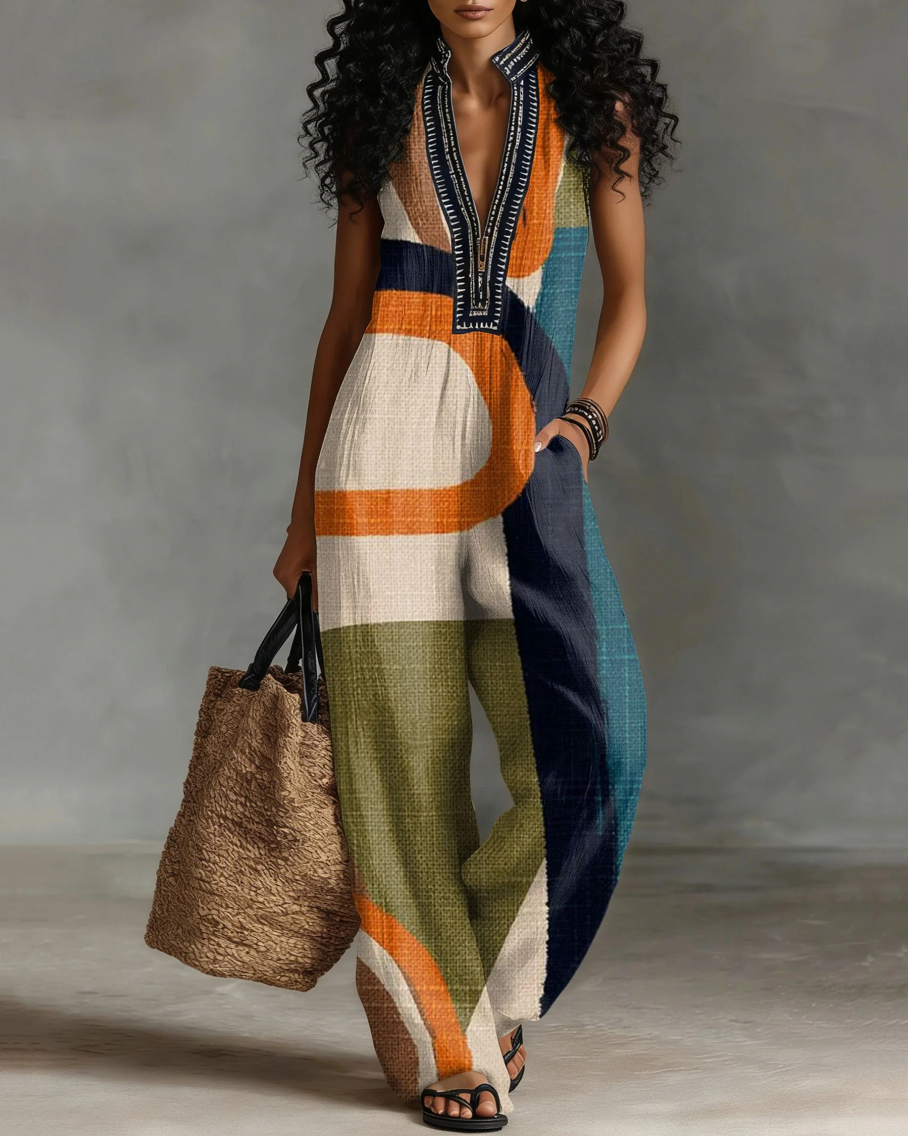 Silversal Abstract Striped Color Blocking Linen Blend Sleeveless Jumpsuit With Zipper And Stand Collar - Multicolor / M | Shop.app