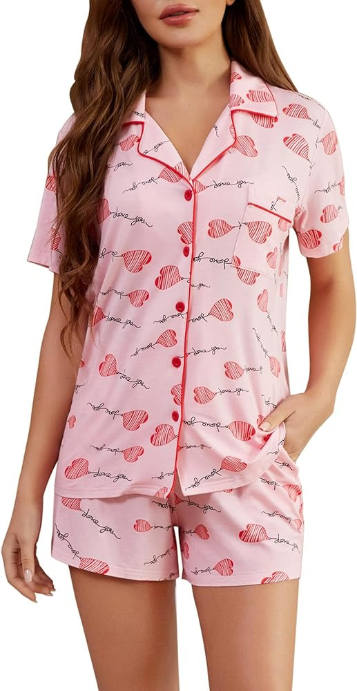 Pjmlifecoco Women's Modal Pajama Set Short Sleeve Button Down Two Piece Soft Sleepwear with Short... | Amazon (US)