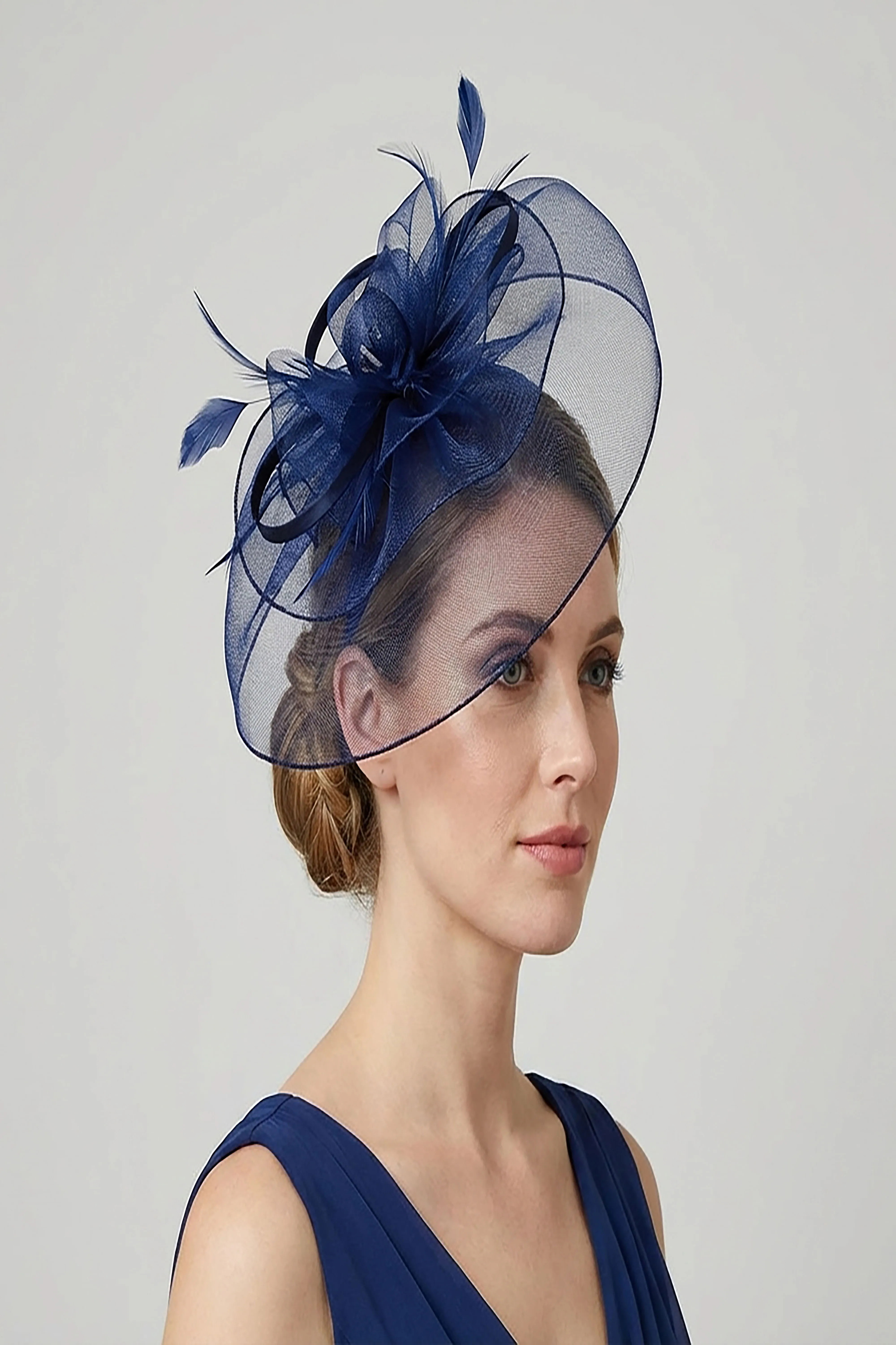 Navy Vellin Large Curly Sinamay Fascinator with Feather Flower | Debenhams | Debenhams UK