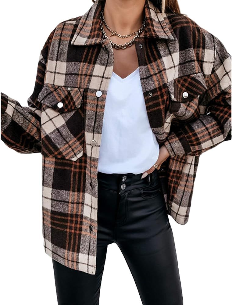 Women's Vintage Casual Loose Lapel Collar Button Down Plaid Shirt Shacket | Amazon (US)