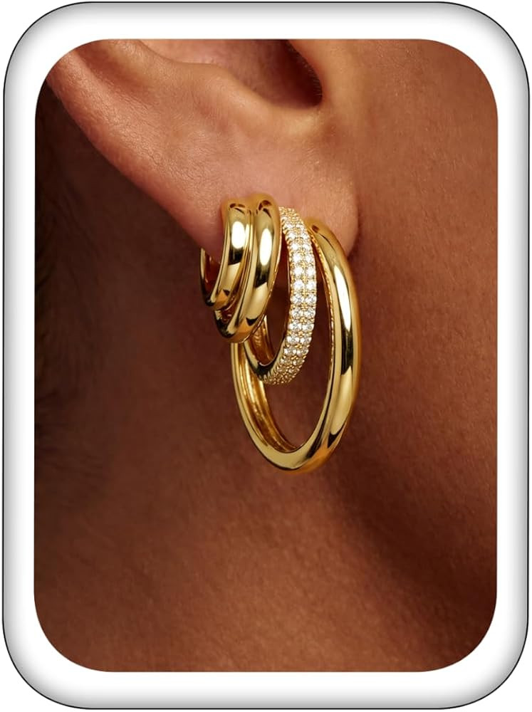 Layered C Hoop Stud Earrings for Women, 14K Gold Silver Plated Hypoallergenic Cartilage Piercing ... | Amazon (US)