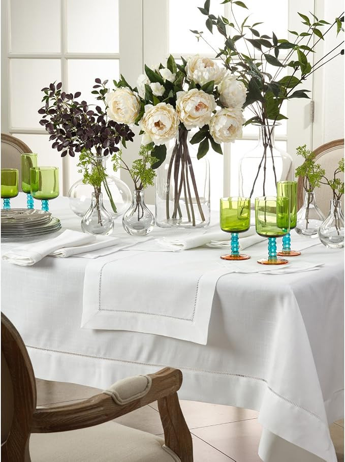 White Special Occasion Holiday Dining Tablecloth with Hemstitched Border 70" X 140" | Amazon (US)