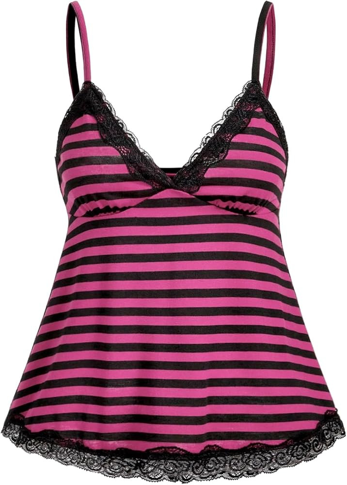 SOLY HUX Womens Y2K Lace Cami V Neck Sleeveless Striped Shirt Spaghetti Strap Camisole Gothic Top... | Amazon (US)
