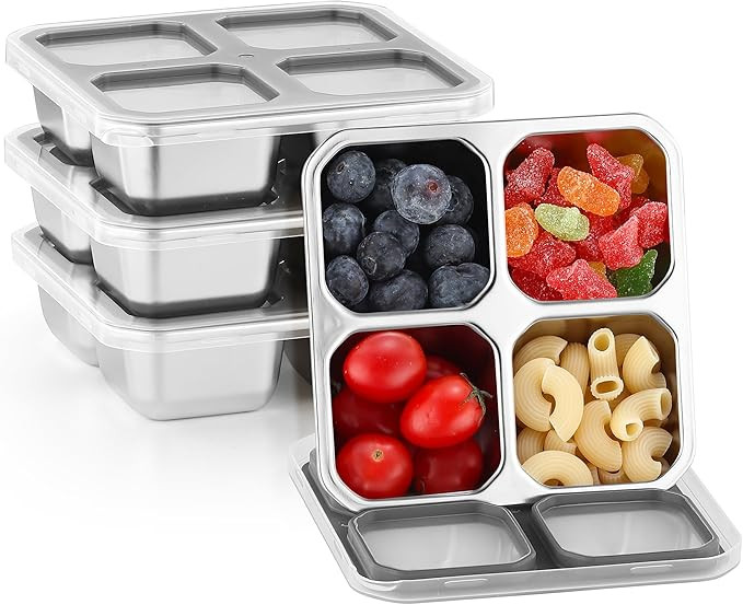 4 Pack Stainless Steel Snack Containers with Lids 4 Compartment Lunch Box for Adults & Kids Meal ... | Amazon (US)