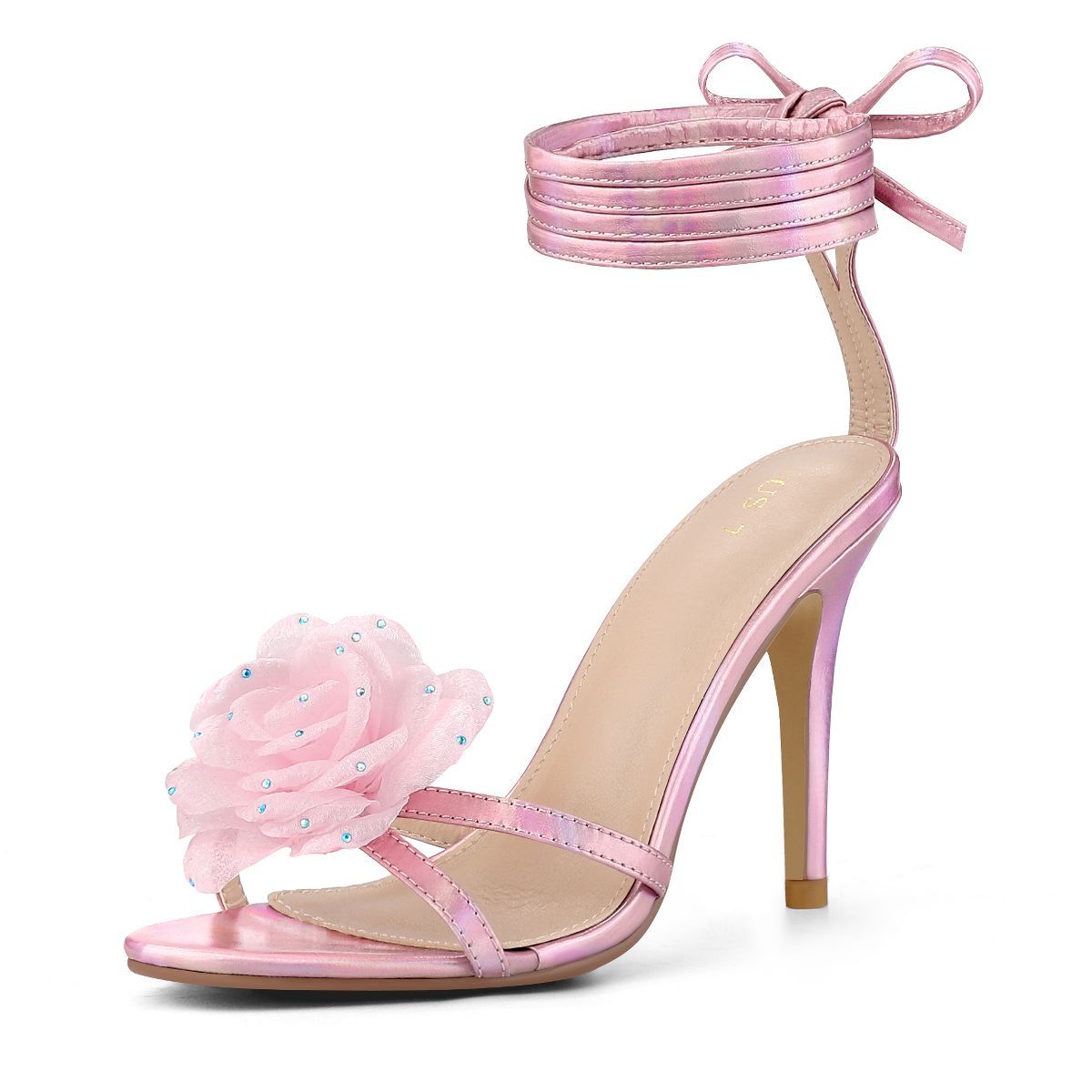 Allegra K Women's Flower Rhinestone Open Toe Lace Up Stiletto Heels Sandals | Target